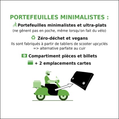 Portefeuilles vegan minimalistes en tabliers de scooter upcyclés, avec broderie vélo de couleur