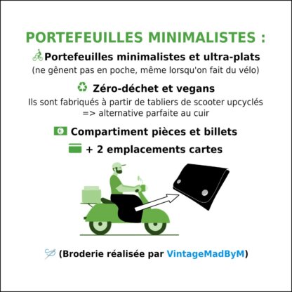 Portefeuilles vegan minimalistes en tabliers de scooter upcyclés, avec broderie vélo de couleur