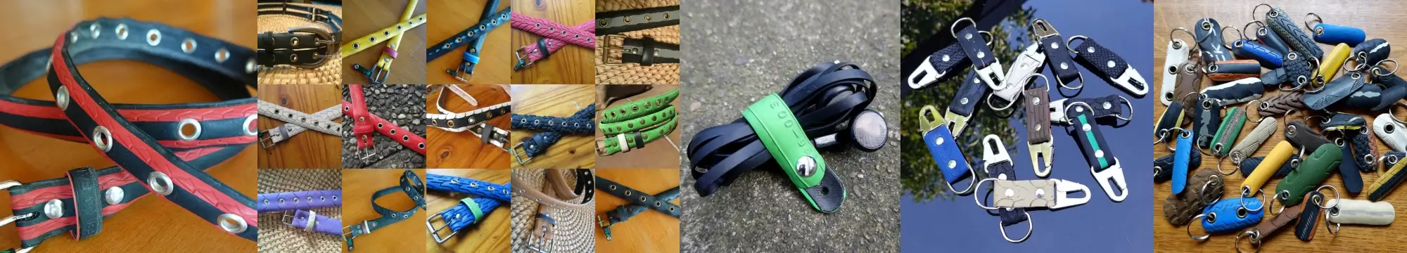 Créations en pneus upcyclés par Re-Cycle-On : ceintures en pneu de vélo, porte-clés en pneu, ...