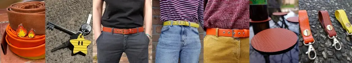 Créations en tuyaux de lances à incendie upcyclés par Re-Cycle-On : ceintures, porte-clés, sous-verres, ...