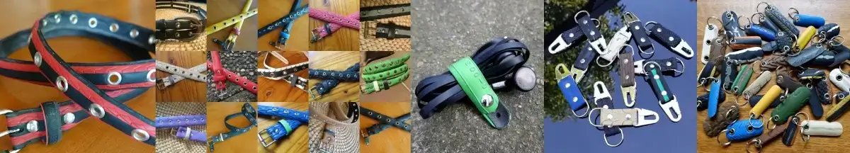 Créations en pneus de vélo upcyclés par Re-Cycle-On : ceintures, porte-clés, organiseurs de câbles, ...